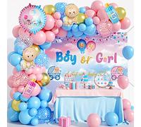 Gender Reveal Decorations Pastel Blue Pink Balloon Garland Arch Kit with Boy or Girl What do You Think Banner Backdrop Boy Girl Foil Balloons Gender Reveal Party Supplies
