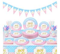 Gender Reveal Party Tableware Set - 114 Pcs Boy or Girl Paper Plates Cups Napkins Straws Tableware Set Tablecloth Banner Tableware Supplies Baby Shower Decorations