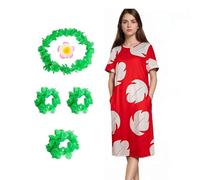 GENEHELF Hawaiian Red Leaf Print Beach Dress for Adult Halloween Women Cosplay Costume with Hawaiian Leaf Garland And Flower Hairpin (M)