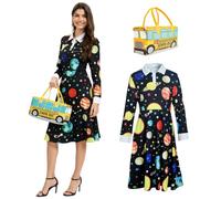GENEHELF Women Halloween Teacher Planet Long Sleeves Dress Set with Bag, Black, Medium