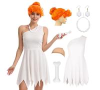 GENEHELF Women's White Caveman Dress Costume for Halloween | Women's White Caveman Dress Costume Set Including a White Dress, Earrings, Necklace and Inflatable Stick for Halloween