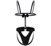 GENEMEN Mens Chest Harness Bodysuit Open Crotch One Piece Bow Tie Jumpsuit Sexy G-String Thongs (C-Black)