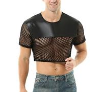 GENEMEN Mens Fishnet Shirts See Through Faux Leather Sexy Crop Tops Short Sleeve Mesh T Shirts (Black, L)
