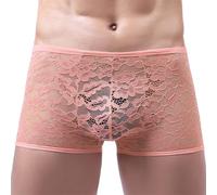 GENEMEN Mens Lace Floral Boxers Briefs Sheer Underwear Sissy Panties Sexy Lingerie for Men (Pink, XL)