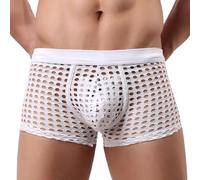 GENEMEN Mens Mesh Boxers Sexy Fishnet Sheer Underwear See Through Breathable Lingerie Hollow Out Trunk Shorts (White, M)