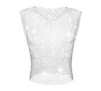 GENEMEN Mens Mesh Rhinestone Tops V-Neck Fishnet Tank Top Sexy Sleeveless Cropped Shirt Rave Sheer Vests (Silver, L)