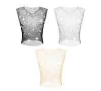 GENEMEN Mens Mesh Rhinestone Tops V-Neck Fishnet Tank Top Sexy Sleeveless Cropped Shirt Sheer Vests (Black Gold Rainbow, M)