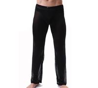 GENEMEN Mens Mesh See Through Pants Sexy Pajamas Bottoms Sheer Lounge Pants Breathable Cool Trousers (Black, L)