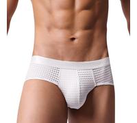 GENEMEN Mens Mesh Underwear See Through Fishnet Briefs Transparent Elastic Underpants Sexy Breathable Briefs (White, XL)
