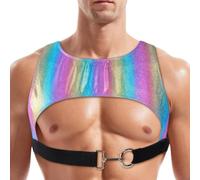 GENEMEN Mens Pattern Tank Tops Faux Leather Bikini Sexy Crop Tops Single Breasted Bra (Metallic-Rainbow)