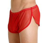 GENEMEN Mens Transparent Boxers Casual Mesh Shorts Silk Underwear Split Nightwear Running Shorts (Red, M)