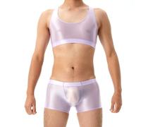 GENEMEN Set Mens Crop Top Glossy Sports Bras Tank Top Undershirt Sleeveless Vest, Glossy Mens Boxers Briefs (Set-Lilac, XL)