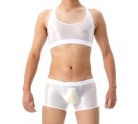 GENEMEN Set Mens Crop Top Glossy Sports Bras Tank Top Undershirt Sleeveless Vest, Glossy Mens Boxers Briefs (Set-White, 2XL)