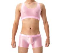 GENEMEN Set Mens Crop Top Glossy Sports Bras Tank Top Undershirt Sleeveless Vest, Glossy Mens Boxers Briefs (Set-Light Pink, XL)