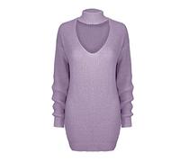 Generation Fashion New Ladies Women Knitted Long Sleeve Choker V Neck Cut Out Chunky High Neck Long Jumper Dress Top Baggy Sweater Lilac