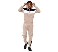 Generation-Gap Mens Casual Contrast Panel Fleece Full Zip Long Sleeves Hooded Slim Fit Joggers Activewear Tracksuit Set (Stone, L)