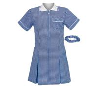 Generation-Plus+® Girls Gingham Short Sleeve Pleated School Dress, Kids Check Printed Summer Uniform With Heart Zip, Pockets With Hair Bobble (Navy, 9 Years)