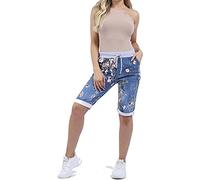 Generation-Plus+® Womens Italian Shorts Light Denim Floral Print Elastic Waist Turn Up Side Pockets - Ladies Summer Beach Knee Length Trouser Capri Pants UK 16-18