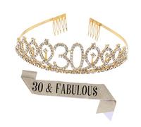 Generic 1 Set 2pcs Crown Ceremonial Belt 30th Bday Happy Birthday Crown Rose Gold Party Decorations Rhinestone Outfit 30 and Fabulous Sash Birthday Sash and Tiara for Women Girdle Alloy