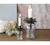 Generic 1x Clear Glass Bottle with Removable Brass Flower Shaped Candlestick Holder, Rustic Gold Metal Flower Candlestick, Candlestick Holder for Bottles, Small Clear Glass Bottle Stem Bud Vase