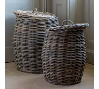 Generic 1x Large Round Wicker Laundry Basket, Dark Brown Tall Cylinder Wooden Basket, Blanket Toy Log Storage Bin, Rattan Wicker Laundry Basket with Lid