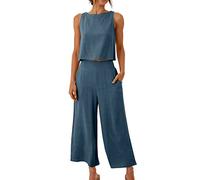 Generic 2 Piece Lounge Set for Women 2024 Summer Wide Leg Lounge Wear Sets Casual Elegant Tank Tops and Loose Cropped Pants Ladies Tracksuit Cotton Linen Plain Leisure Suits