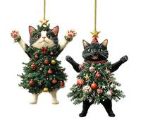 Generic 2 Pieces Cat Christmas Ornaments, Acrylic Material, 2D Funny Cat Dressed As A Christmas Tree, Perfect For Christmas Tree, Doors, Bags & More