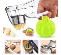 Generic 2 pieces set Silicone Garlic Peeler & Press; 4 in 1 Stainless Steel Garlic Press, Silicone Tube Roller, Garlic Crusher, Cutter, Mincer, Chopper, Masher
