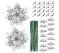 Generic 20 Sets Artificial Poinsettia Christmas Flowers Silver Glitter Clips and Stems, Xmas Tree Decorations Ornaments for Holiday Wreaths and Home Party Decor