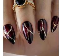 Generic 24Pcs Wine-Red Gold Crack Press On Nails - Long Almond Fake Nails with Glossy Wine Red Gradient Design, Elegant Stick On for Women Party Wedding