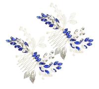 Generic 2pcs Blue Rhinestone Silver Leaf Hair Comb Hair Side Comb for Women Wedding Bridal Accessories Pearl for Bride at Ceremony Party