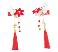 Generic 2pcs Bunny Hairpin Ties Dryer Fake Pins Costume Buns Bristle Hairbrush Accessories Mini Velvet Ponytail Women Pink Hair Toppers Clips for Hair Barrettes Fabric Red