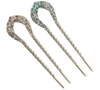 Generic 2Pcs Double Prong Hair Pin U-Shape Hair Stick with Inlaid Crystal Beads Alloy Vintage Design for Women Casual Shopping Stylish DIY