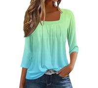 Generic 3/4 Sleeve Tops for Women UK Square Neck Ruched Flowy Swing Floral Printed Elegant Tops Office Work Dressy Casual Relaxed Fit Tunic Top Retro T Shirts Ladies Three Quarter Sleeve Top Blouses