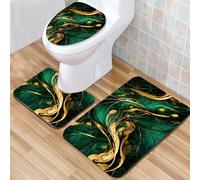 Generic 3 Piece Bathroom Rug Set with Non-Slip U-Shape Mat, Toilet Lid Cover & Bath Mat, Marble Green & Gold Texture, 19.7x31.5 Inch