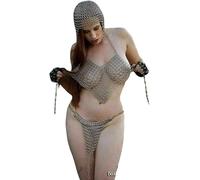 Generic 3-Piece Medieval Aluminium Chainmail Bikini/Bra Set with Chainmail Coif V-Design Lingerie Set, Silver