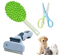 Generic 3-Piece Pet Grooming Kit: Massage Comb + Deshedding Comb + Scissors for Long-Haired Cats, Dogs, and Rabbits, Self-Cleaning Grooming Tool for Shedding, Knot Removal, and Massaging (Blue set)