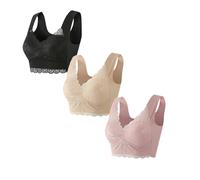 Generic 3 Pieces Lace Bras Wide Strap Seamless No Strangulation Comfort Sleep Bras Plus Size Bra Women Underwear Bralette Crop Top Sexy Female Bra Large Top Female Push Up (P4-Black+Khaki+Pink, XXXL)