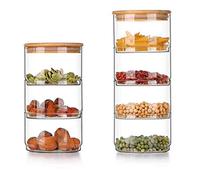 Generic 3-Tier & 4-Tier Glass Storage Jars, Stackable Glass Containers with Airtight Bamboo Lids, White, 19 × 11 × 11 cm & 25 × 11 × 11 cm, Kitchen & Pantry Organization