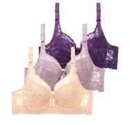 Generic 3pc Women's Purple Lace Sports Bras, Full Coverage, Anti-Sag, High Support, Wireless, Front Closure, Balcony, C Cup, 36+