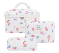 Generic 3Pcs Cute Quilted Cosmetic Bag Large Capacity Adorable Padding Skincare Pouch Strawberry Print Aesthetic Toiletry Purse Ladies Trip Bag