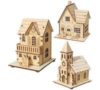 Generic 3Pcs LED Christmas Wooden House Ornaments - Brown Wooden Village House Luminous Christmas Scene Village For Table Window Bedroom Decoration