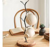 Generic 4 Cup OR Mug Tree Chrome Wire Stand Holder for Home BAR Restaurants (Round Base Style, Modern, Iron and Wood)
