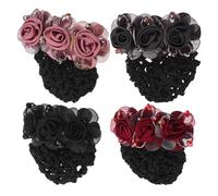 Generic 4pcs Floral Hair Bun Holder Covers with Net Snood Fabric Korean-Style Flower Hair Clips for Women Set for Wedding and Daily Use