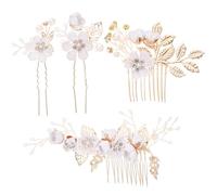 Generic 4pcs Gold Leaf Bride Hair Comb Set White Handmade Flower Pins Wedding Headdress Bridal Hair Accessories for Romantic Wedding Reception