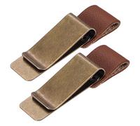 Generic 50mm Stainless Steel Clip with PU Leather Pen Loop Pencil Holder for Notebook Journal Diary, Gold Brown Pack of 2