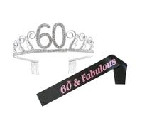 Generic 60th Birthday Party Sash with Crystal Rhinestone Crown Hair Comb, Elegant Etiquette Belt for Women’s Celebration, Birthday Decoration Head Accessory Set