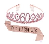 Generic 60th Party Decor Set Crown and Sash Crystal Hair Comb Birthday Party Etiquette Belt Rose Gold