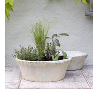 Generic Aged Round Whitestone Dish Planter with Frill Detali Rim, Shallow Succulent Plant Pot, White Stone Weathered Plant Pot Saucer, Rustic Weathered Small Seeds Bulb Crocus Pot, POGI-DISH-M-25x9-WH