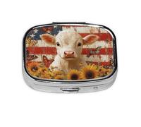 Generic American Flag Highland Cow Print Square Pill Box-2 Compartment Small Pill Case for Purse & Pocket Mini Metal Pill Holder Travel Pill Container
